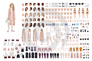 Stylish modern girl animation kit or DIY set. Bundle of body parts, clothes and accessories. Trendy street style outfit