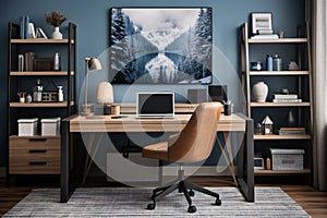 Stylish modern home office interior design, blue colour office workspace. generative ai