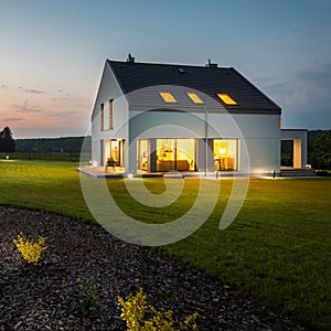 Stylish and modern house at night