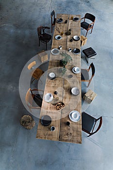 Stylish and modern interior design of conference room with design oak table.Template. Office open space.