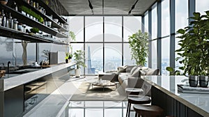 Stylish modern kitchen area in a luxury studio apartment with panoramic windows. Dark cabinets, open shelves, built-in