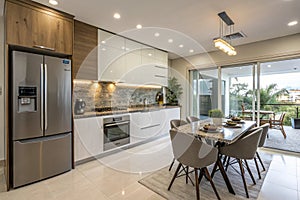 Modern stylish kitchen with fridge, dining table, and counter