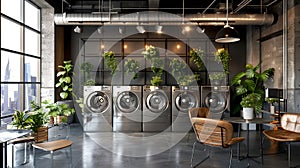 Stylish Modern Laundromat with Industrial Decor and Green Plants. A Cozy Urban Laundry Space with Comfortable Seating