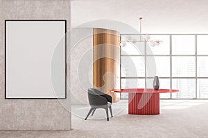 Stylish modern living room interior in skyscraper building with design armchair and red round table, white mock up framed poster,