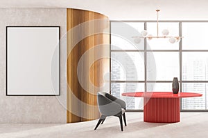 Stylish modern living room interior in skyscraper building with design armchair and red round table, white mock up framed poster,