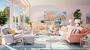 Stylish and Modern Living Room with Sunny Pastel-Colored Furniture
