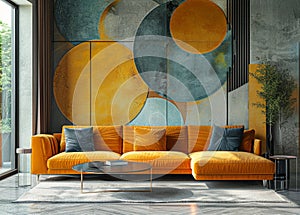 Stylish modern living room with vibrant yellow sofa and artistic wall mural design