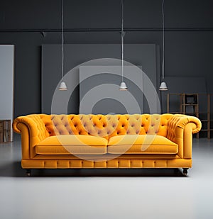 Stylish and modern living space with a bright yellow sofa in a gray room