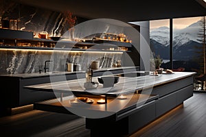 Stylish modern luxury kitchen featuring atmospheric white LED lighting