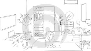 Stylish Modern and Minimalist Bedroom Outline and Sketch Vector Illustration
