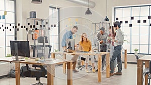 In the Stylish Modern Office: Diverse Group of Colleagues Have Meeting, Discuss Project Progress,