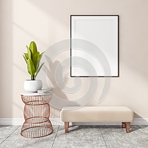 Stylish modern office interior, entrance room, gallery or museum with design ottoman, white mock up framed poster, tile ceramic