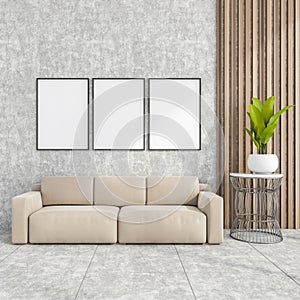 Stylish modern office interior, waiting room, with design leather couch, three white mock up framed poster, tile ceramic floor. No