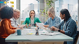 In the Stylish Modern Office Meeting Room: Diverse Group of Business Growth Marketing Professionals