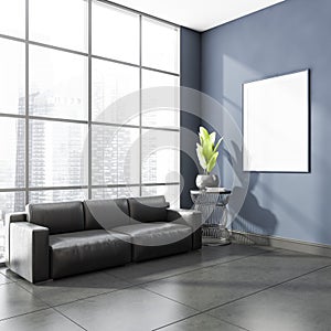 Stylish modern office room interior in skyscraper building with design leather couch, white mock up framed poster, tile ceramic