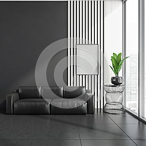 Stylish modern office room interior in skyscraper building with design leather couch, white mock up framed poster, tile ceramic