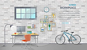 Stylish and modern office workplace. Room interior with desk, chair, monitor, bicycle. Brick background. Detailed vector
