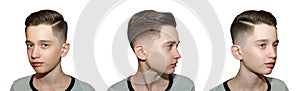 Stylish modern retro haircut side part with mid fade with parting of a schoolboy guy in a barbershop on an isolated white