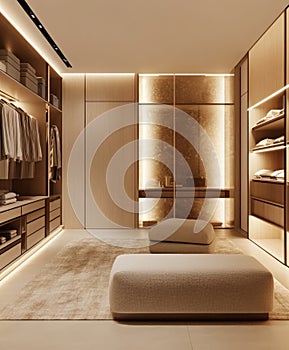 Stylish modern wardrobe with ambient lighting in a chic interior space photo