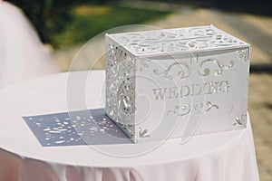 Stylish modern wedding wooden box for gifts,money,presents,wish card for bride and groom from guests at wedding reception