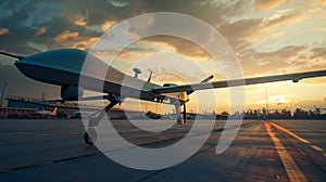 Stylish modern white military combat drone on the runway at sunset. The sky is overcast, the sun is setting. Stylish modern white