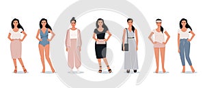 Stylish modern woman in flat style. Vector female characters in different clothes. Comfortable home clothes. Evening