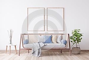 Stylish Modern wooden living room in white background, Scandinavian style, Rattan home decor