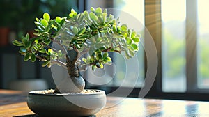 Stylish money tree. Crassula ovata. Bonsai style. Indoor plant