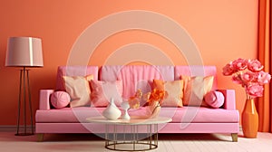 Stylish monochrome interior of modern living room in pastel orange and pink tones. Trendy couch with cushions, floor
