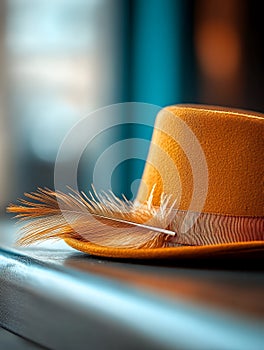 Stylish mustard-colored fedora hat adorned with a delicate feather, resting on a dark surface. A close-up shot emphasizing texture photo