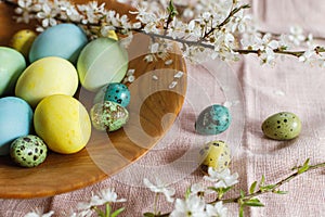 Stylish natural dyed easter eggs on wooden plate with spring flowers on rustic table. Happy Easter! Rustic Easter still life