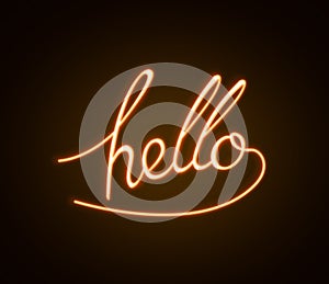 Stylish neon sign with word Hello on dark background