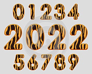 Stylish Numbers textured tigers skin from 0 to 9. Happy new year 2022 year of tiger