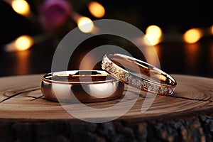 Stylish nuptials wedding rings on wood with cozy loftstyle decor