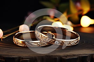 Stylish nuptials wedding rings on wood with cozy loftstyle decor