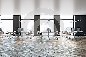 Stylish office with geometric flooring and cityscape backdrop. 3D Rendering