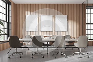 Stylish office meeting room interior with board and window, mock up frames