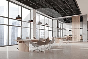 Stylish office room interior with board and sideboard, panoramic window