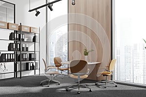 Stylish office room interior with meeting board and shelf with panoramic window