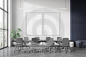Stylish office room interior with meeting table, panoramic window. Mockup frames
