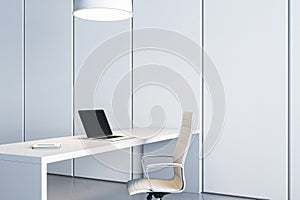 Stylish office setup with white desk, chair and blank screen. Creative space. 3D Rendering