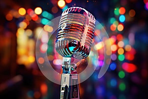 stylish old retro microphone on multicolored karaoke bar bokeh background