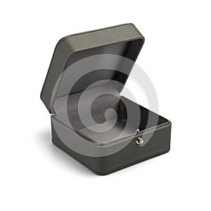 Stylish open gray jewelry gift box on white background close-up, shallow depth of field