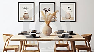 Stylish open space dining room interior in a modern apartment. Wooden table with design chairs, dried flowers in vases