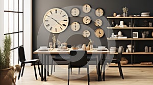 Stylish open space dining room interior in a modern apartment. Wooden table with design chairs, home decor, watch faces