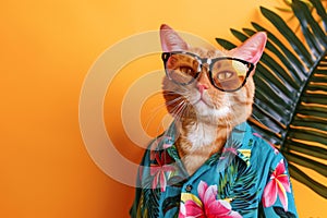 Stylish Orange Cat with Trendy Glasses and Shirt photo