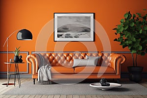 Stylish orange leather sofa in the living room. Modern interior design. AI-generated.