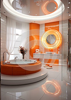 Stylish orange and white luxury bathroom