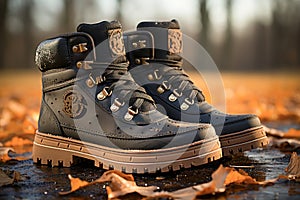 Stylish Outdoor Boots with Emblem on Autumn Leaves