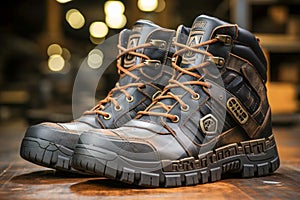 Stylish Outdoor Boots with Emblem on Autumn Leaves